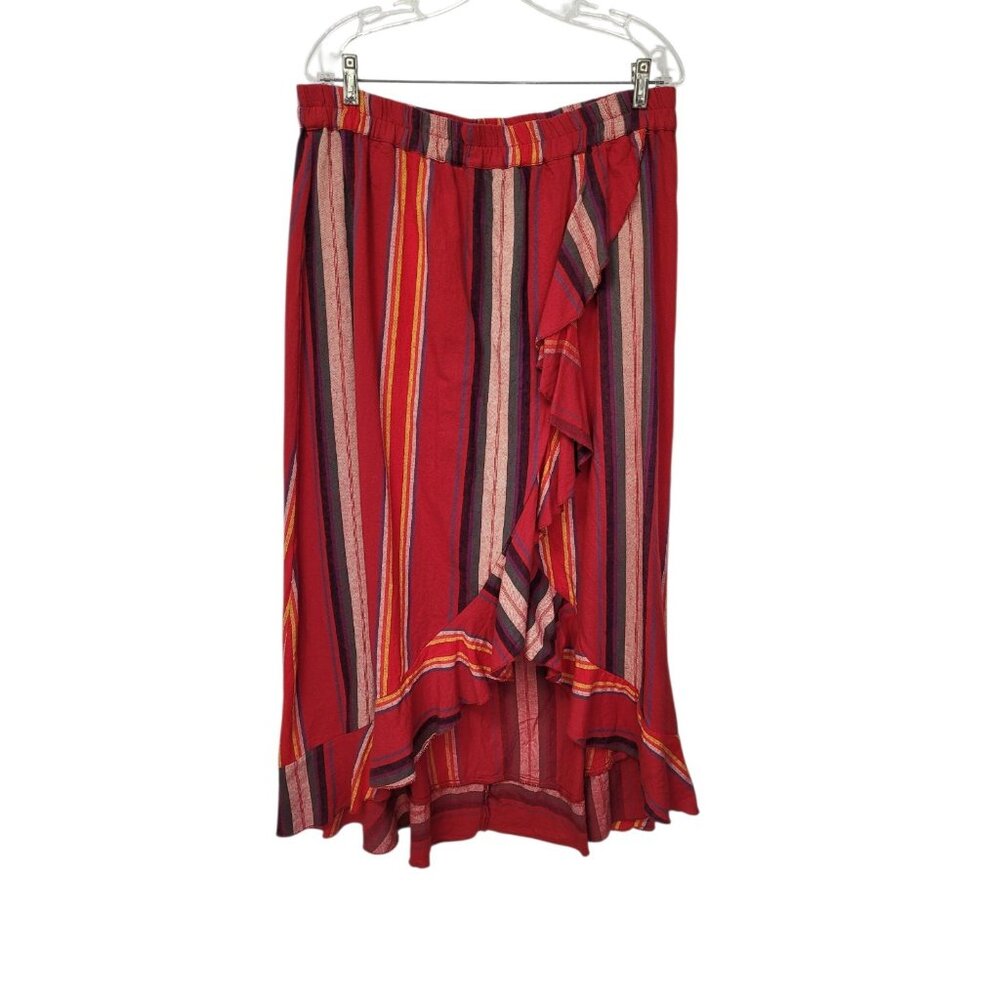 R Cinco Ranch Skirt L Asymmetrical Hem Faux Wrap Red Stripe Elastic Waist Ruffle - Picture 5 of 13